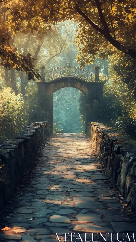 Stone forest path leading toward sunlit arched gate portal.
