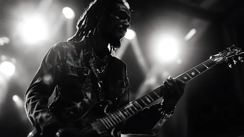 Silhouetted guitarist on stage under strong backlighting.