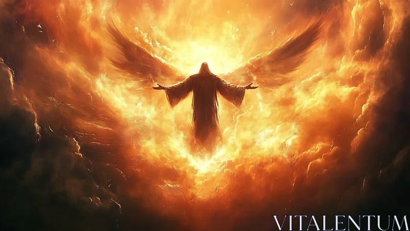 Radiant winged figure ascends through incendiary cloud vortex