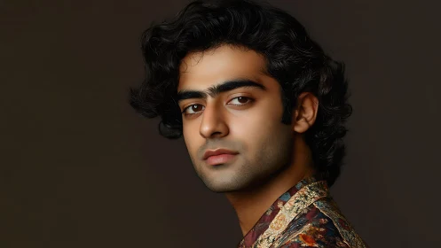 Studio portrait of young man with curly dark hair.