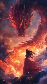 Fiery serpentine dragon confronts lone woman amid eruptive cloudscape