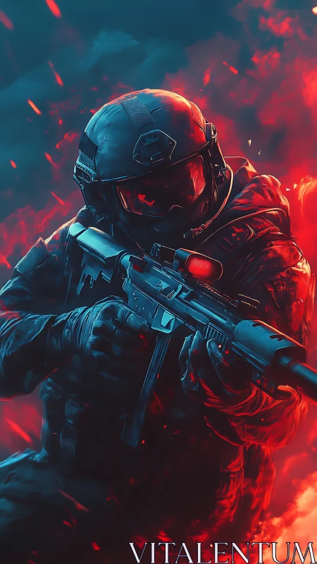 Armored tactical soldier with rifle in red blue environment.