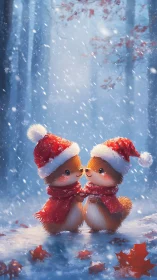 Two cartoon squirrels in winter forest wearing red scarves.
