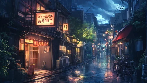 Rain-soaked alleyway shows illuminated shopfronts at dusk