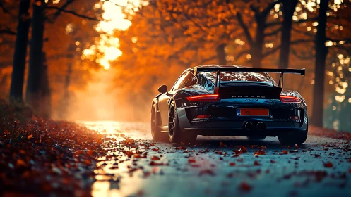 Sport coupe glides through misty forest road in autumn light.