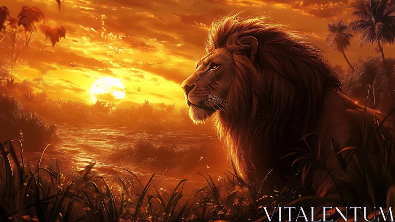 Golden savanna sunset with a calm, watchful lion king.