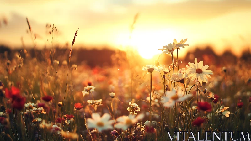 Shallow depth field wildflower field at golden hour with selective focus on daisies
