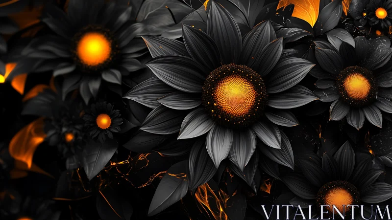Black Sunflowers with Glowing Orange Centers and Embers.