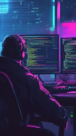 Programmer at dual monitors in neon cyberpunk office.