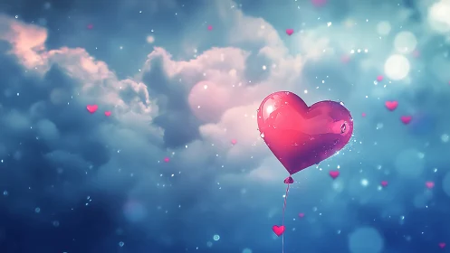 Pink Heart Balloon Ascending Through Clouds in Dreamlike Sky.