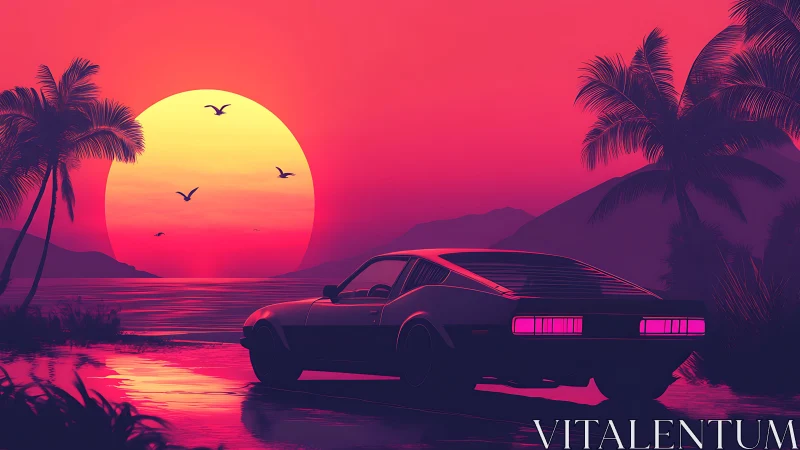 Retro sports car overlooks neon sunset beach horizon