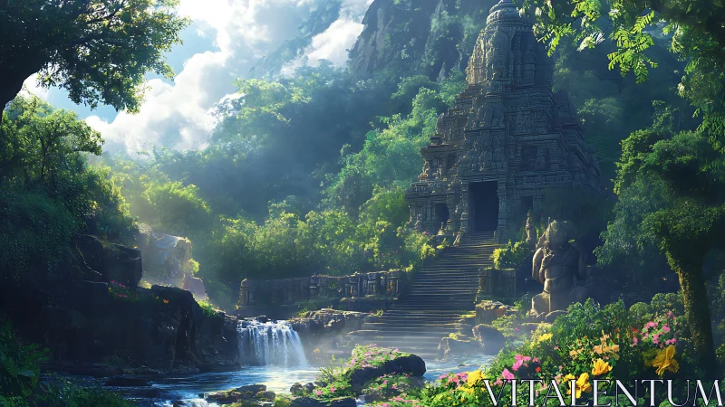 Emerald temple stairway where waterfalls guard old secrets.
