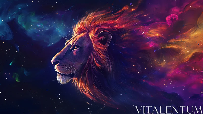 Cosmic lion profile rendered in luminous nebular strokes