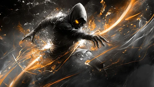 Hooded specter lunges through molten light and shadow storm.