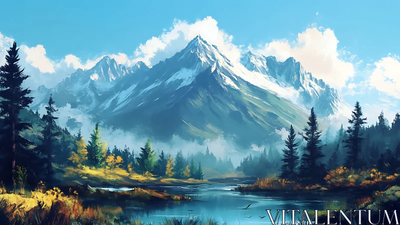 Painterly alpine lake landscape with atmospheric depth study.