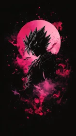 Silhouetted spiky‑haired warrior against neon magenta lunar disc