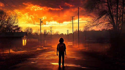 Child stands on rural road under intense orange sunset sky