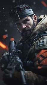 Heavily equipped soldier holds rifle in controlled close-up view