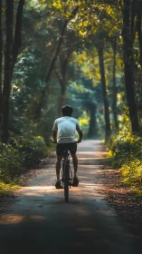 Cyclist riding through sunlit forest canopy