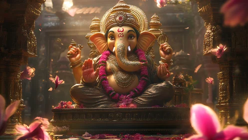 Ganesh idol in ornate temple with petals and garlands.