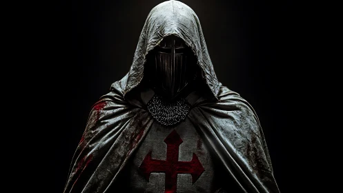 Hooded crusader knight stands in dramatic low key lighting