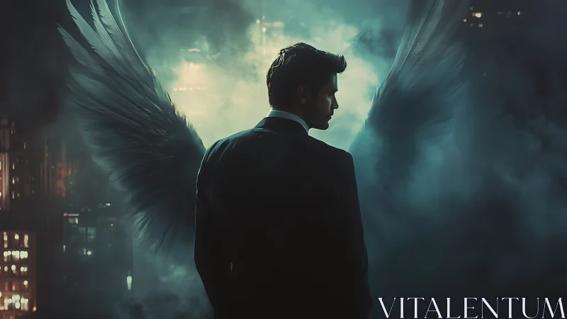 Winged suited figure in moody cinematic urban backlight.