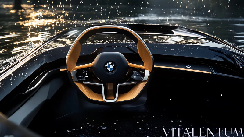 BMW concept steering wheel inside open cockpit near water