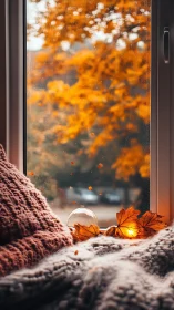 Autumn window still life captures knitted textures and warm bokeh