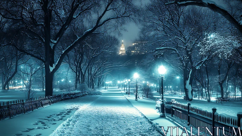 Nocturnal winter park corridor under cyan spectral lighting.