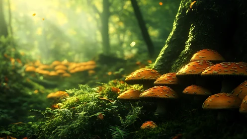 Sunlit forest mushrooms quietly rehearse a glowing symphony