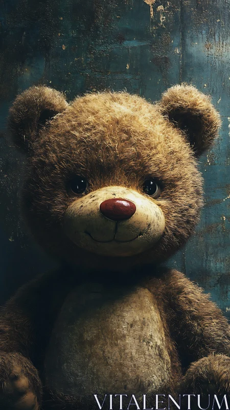 Worn plush teddy bear against distressed teal backdrop.
