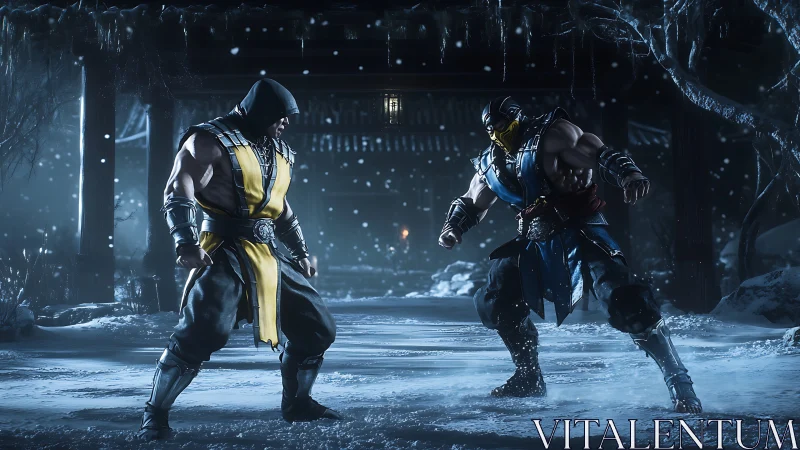 Two masked warriors facing off in a snowy temple courtyard.
