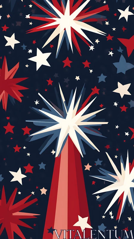 Radiant red and blue starbursts explode across a festive night