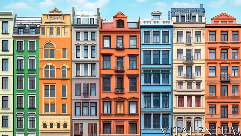 Colorful urban apartment facades in aligned street row.