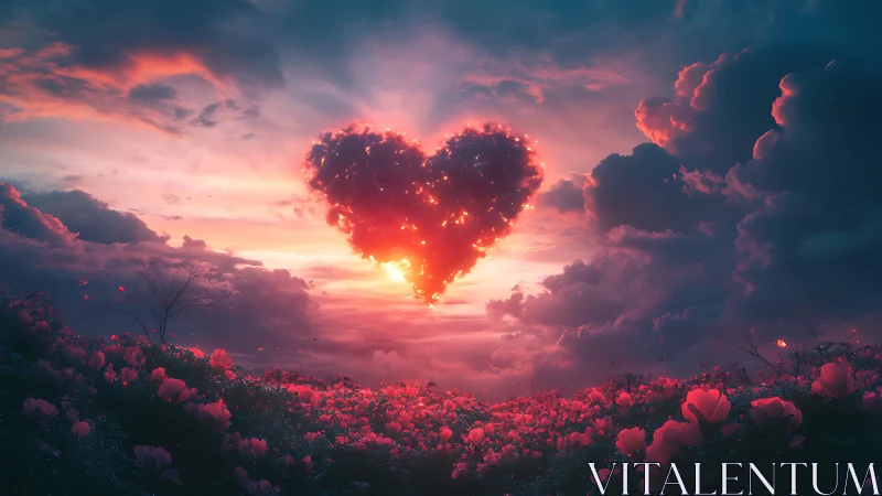 Heart-Shaped Sun Glowing Over Pink Flower Meadow.
