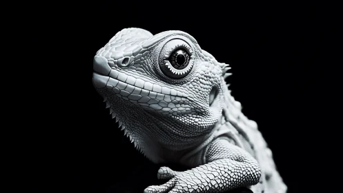 Curious lizard in close-up, showing sculpted silver scales.