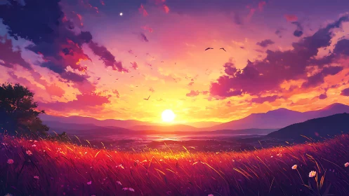 Vivid sunset over wildflower meadow and distant hills.