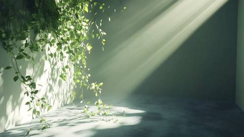 Volumetric daylight on cascading foliage in minimal interior.
