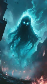 Luminescent spectral entity hovers over burning urban street