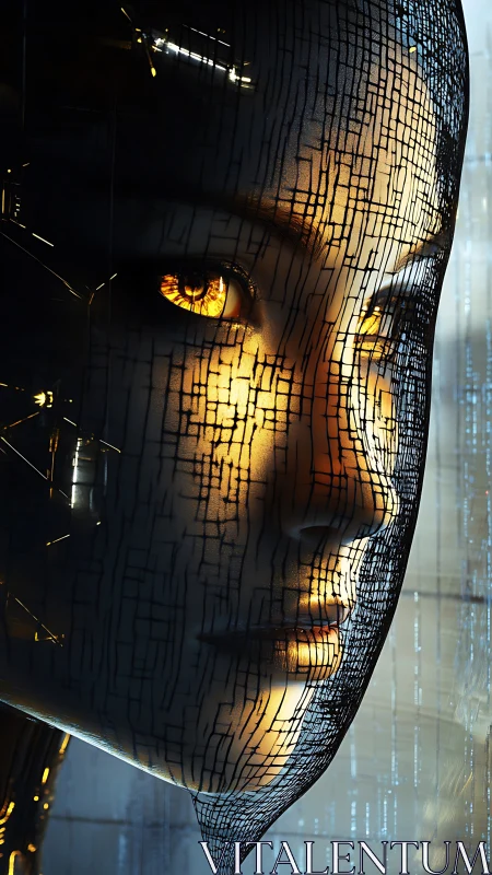 Cyberpunk android portrait with lattice-mesh facial interface.