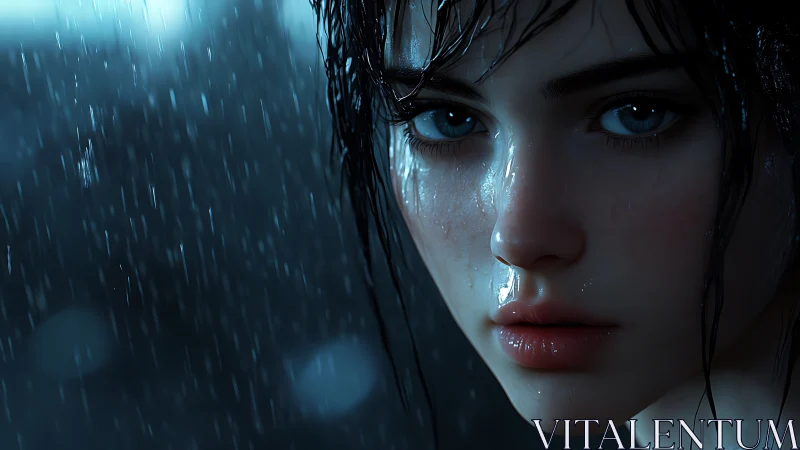 High-contrast digital portrait renders rain-soaked face and specular skin