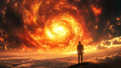 Silhouetted figure observes blazing cosmic vortex over clouds