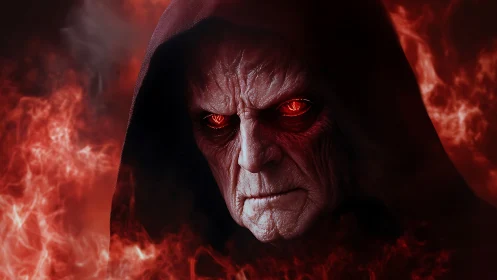 Crimson-eyed warlock glares through a storm of digital fire