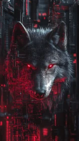 Cybernetic wolf sentinel with neon-red gaze in digital dusk.