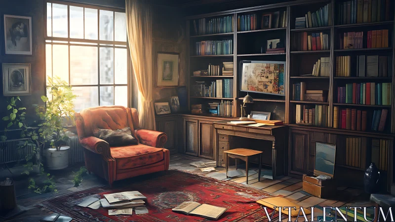 Cozy vintage study with red armchair and tall bookcases.