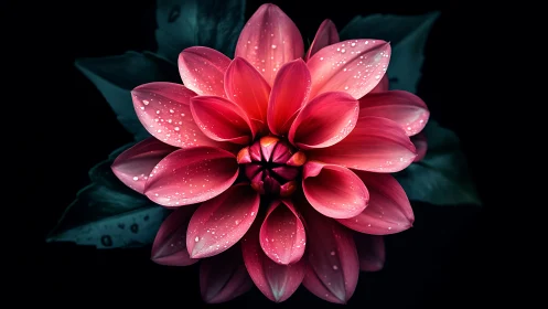 Pink dahlia with water droplets photographed against dark teal background.