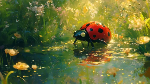 Macroscale ladybug crossing reflective spring meadow pond