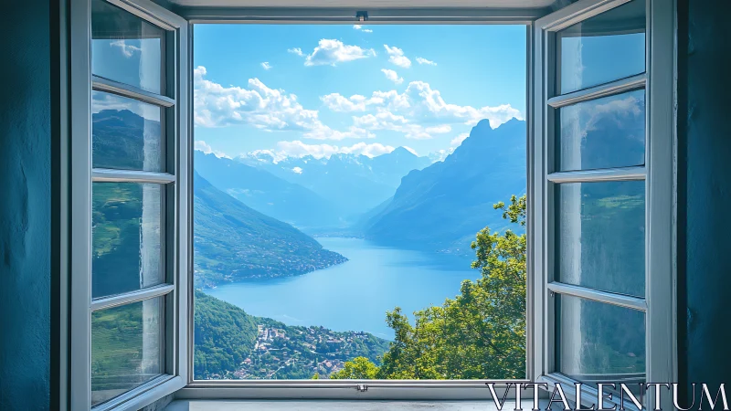 Open casement window framing glacial lake and ridgeline panorama.