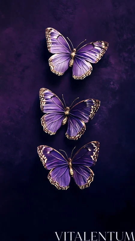 Vertical triad of violet butterflies on deep indigo ground.