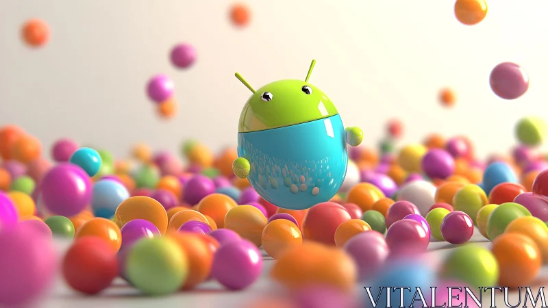 Android robot mascot in colorful digital 3D art with candy balls.
